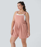 Adjustable Strap Button Multiple Pockets Waffle Casual Plus Size Dungarees — Rose Tan — view 3