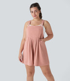 Adjustable Strap Button Multiple Pockets Waffle Casual Plus Size Dungarees — Rose Tan — view 1