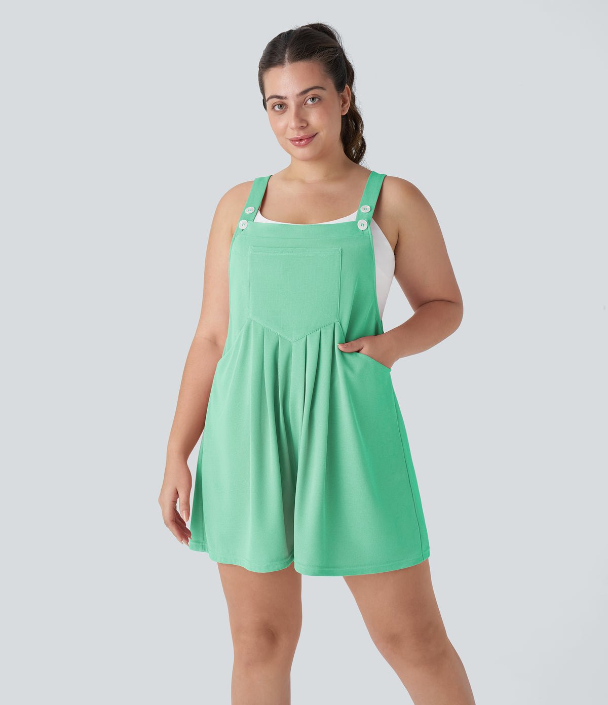 Adjustable Strap Button Multiple Pockets Waffle Casual Plus Size Dungarees — Light Sea Green — view 8