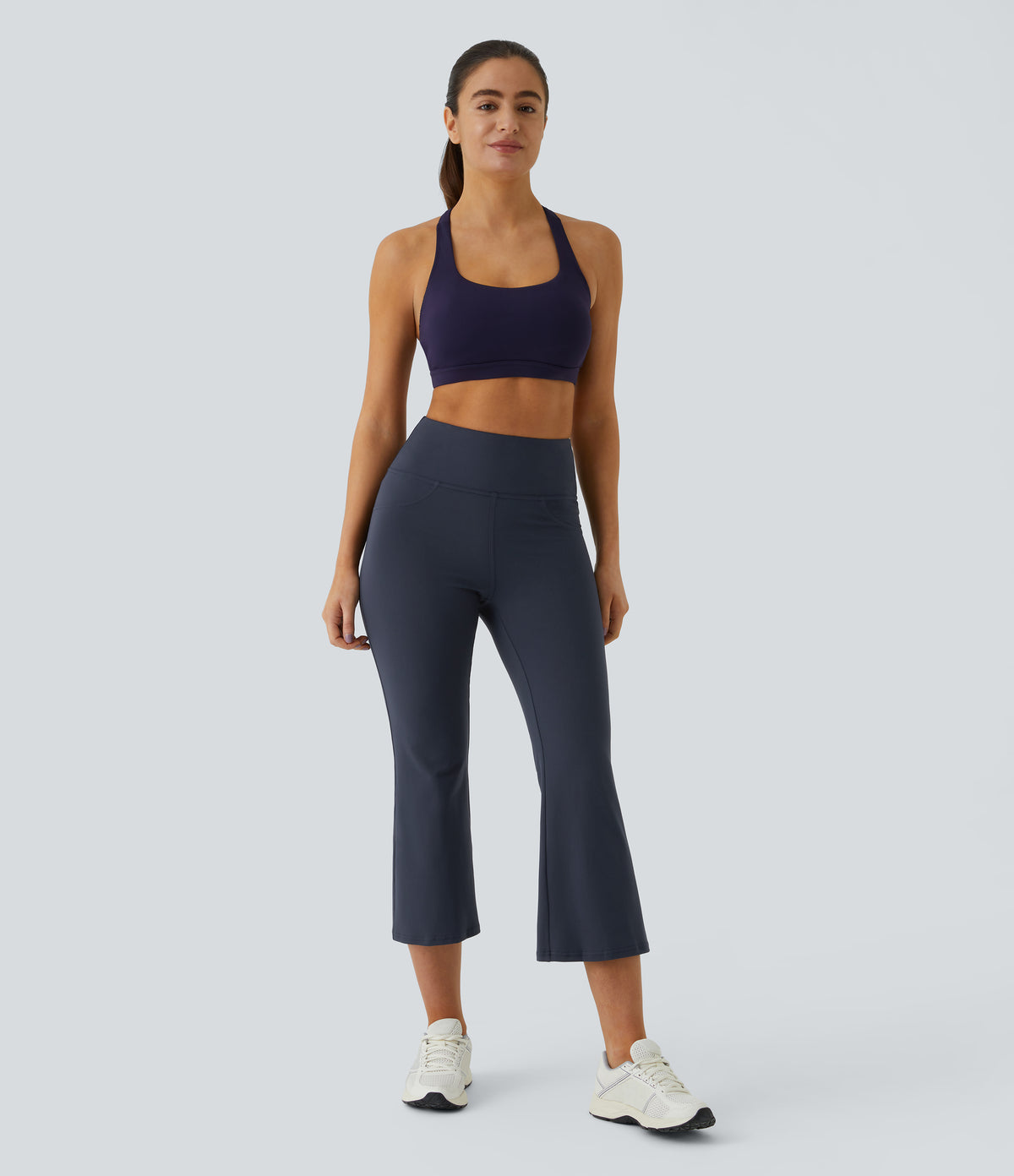 High Waisted Pocket Capri Flare Yoga Leggings — Midnight Blue — view 7