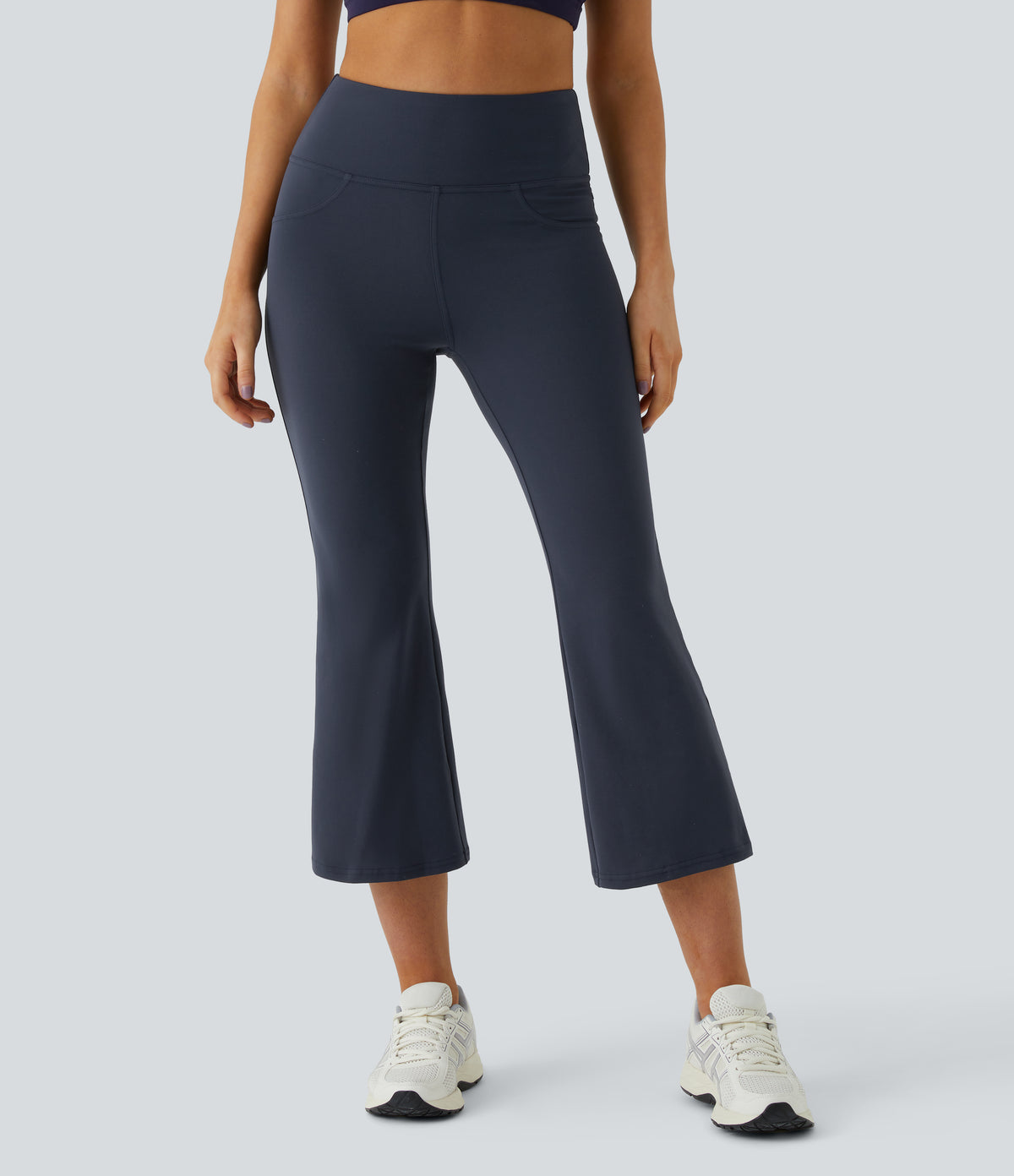 High Waisted Pocket Capri Flare Yoga Leggings — Midnight Blue — view 2