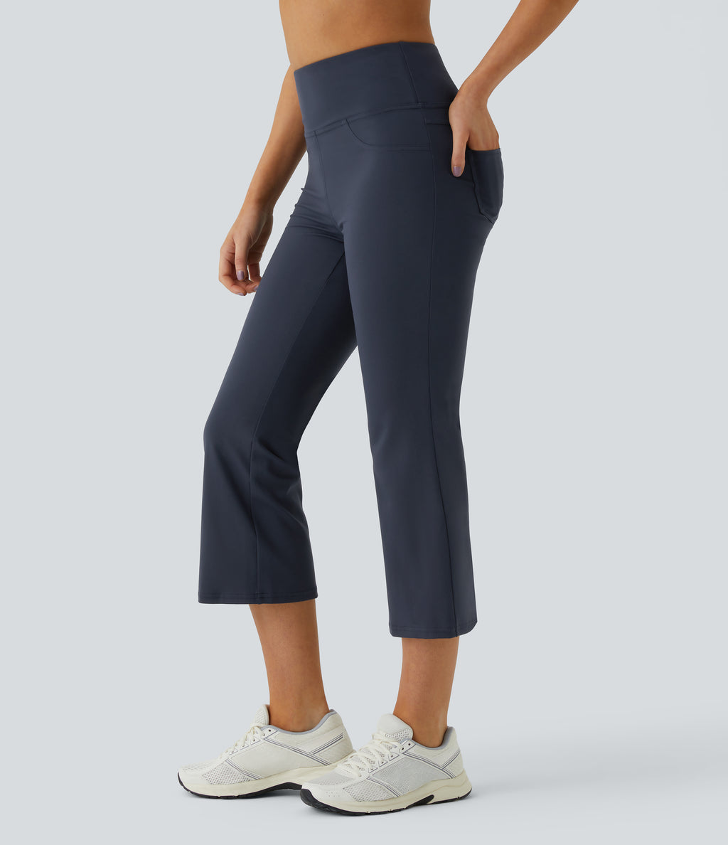 High Waisted Pocket Capri Flare Yoga Leggings — Midnight Blue — view 3