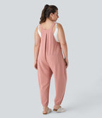 Adjustable Strap Button Multiple Pockets Waffle Casual Plus Size Jogger Dungarees — Rose Tan — view 2