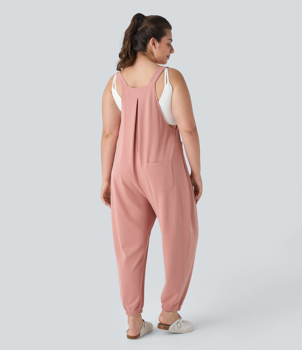 Adjustable Strap Button Multiple Pockets Waffle Casual Plus Size Jogger Dungarees — Rose Tan — view 2