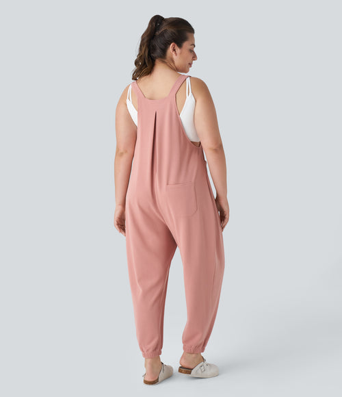 Adjustable Strap Button Multiple Pockets Waffle Casual Plus Size Jogger Dungarees — Rose Tan — view 2