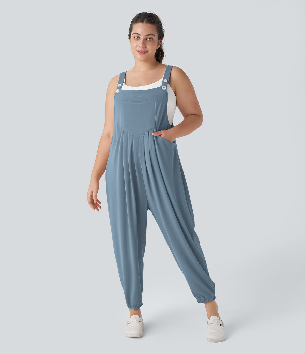 Adjustable Strap Button Multiple Pockets Waffle Casual Plus Size Jogger Dungarees — Mountain Spring — view 8