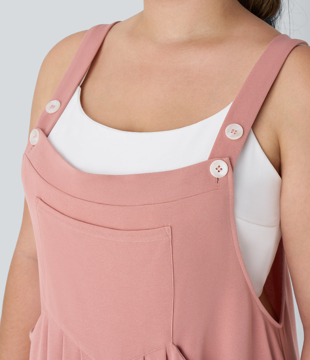 Adjustable Strap Button Multiple Pockets Waffle Casual Plus Size Jogger Dungarees — Rose Tan — view 4