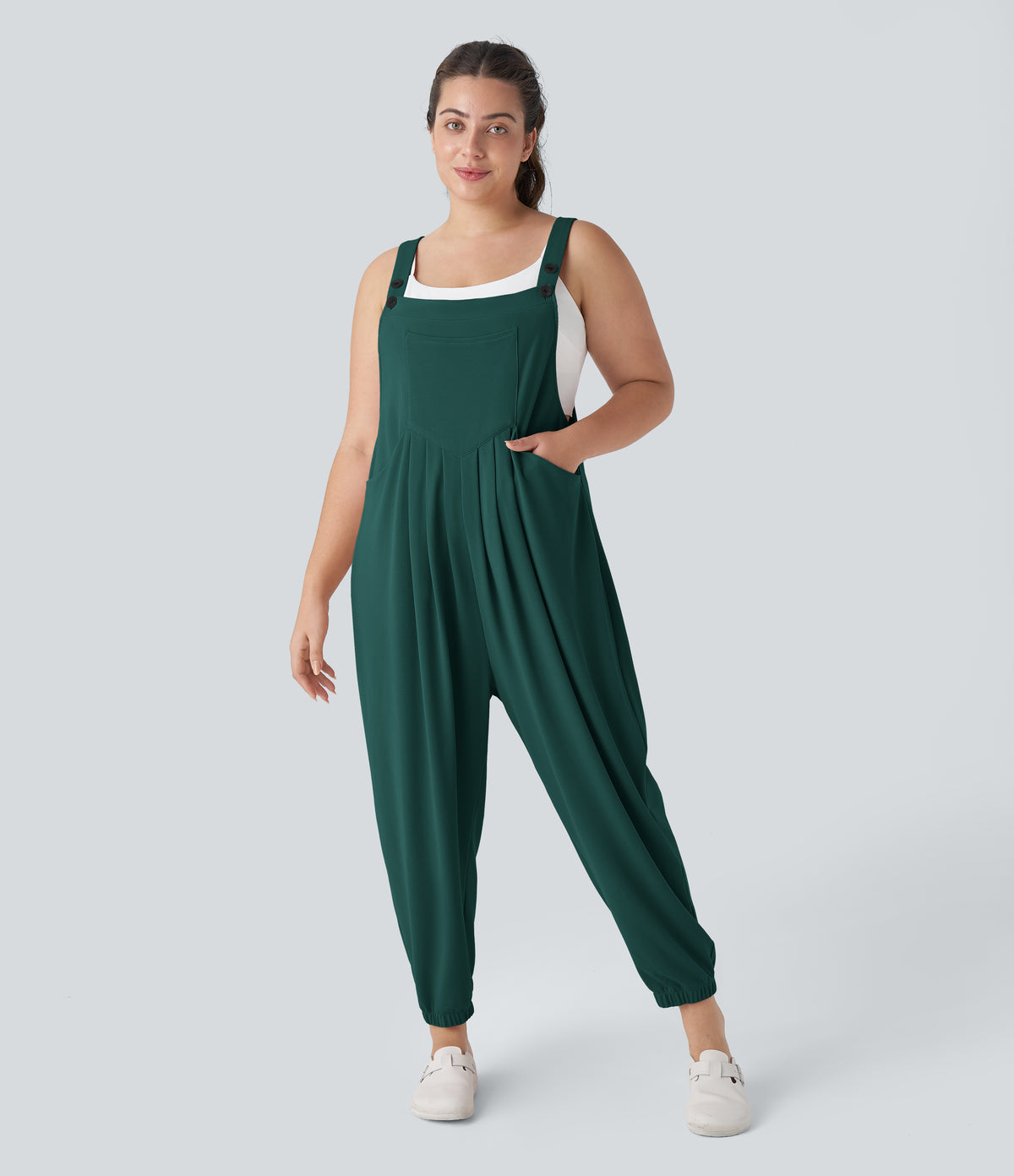 Adjustable Strap Button Multiple Pockets Waffle Casual Plus Size Jogger Dungarees — Forest Biome — view 9