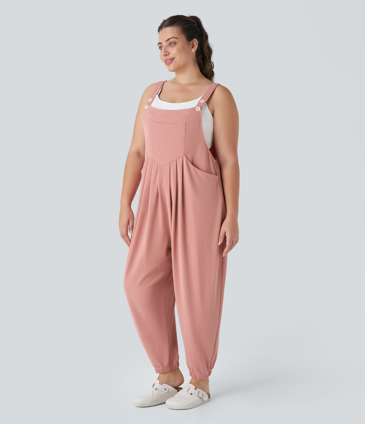 Adjustable Strap Button Multiple Pockets Waffle Casual Plus Size Jogger Dungarees — Rose Tan — view 3