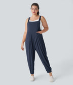 Adjustable Strap Button Multiple Pockets Waffle Casual Plus Size Jogger Dungarees — Harbor Ink — view 6