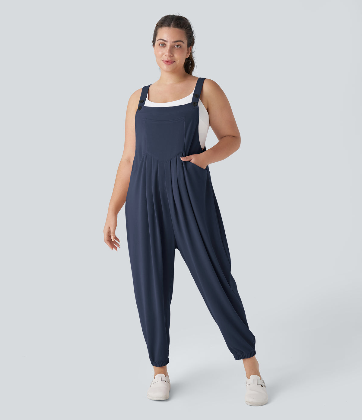 Adjustable Strap Button Multiple Pockets Waffle Casual Plus Size Jogger Dungarees — Harbor Ink — view 6