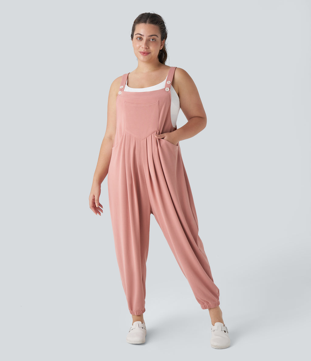 Adjustable Strap Button Multiple Pockets Waffle Casual Plus Size Jogger Dungarees — Rose Tan — view 1