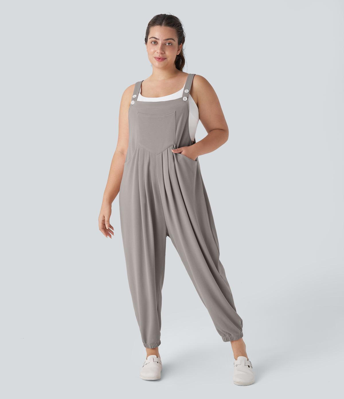 Adjustable Strap Button Multiple Pockets Waffle Casual Plus Size Jogger Dungarees — Mink Ash — view 7