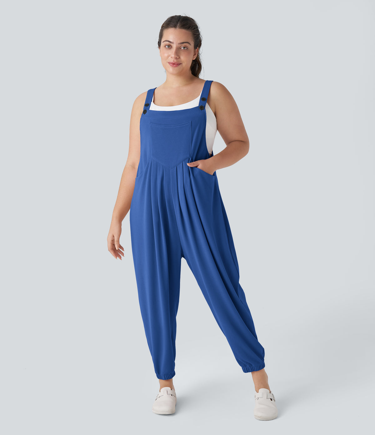 Adjustable Strap Button Multiple Pockets Waffle Casual Plus Size Jogger Dungarees — Deep Sapphire Blue — view 11