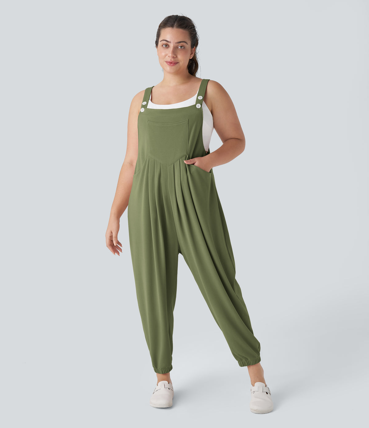 Adjustable Strap Button Multiple Pockets Waffle Casual Plus Size Jogger Dungarees — Loden Green — view 10