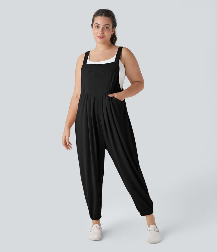 Adjustable Strap Button Multiple Pockets Waffle Casual Plus Size Jogger Dungarees — Black — view 5