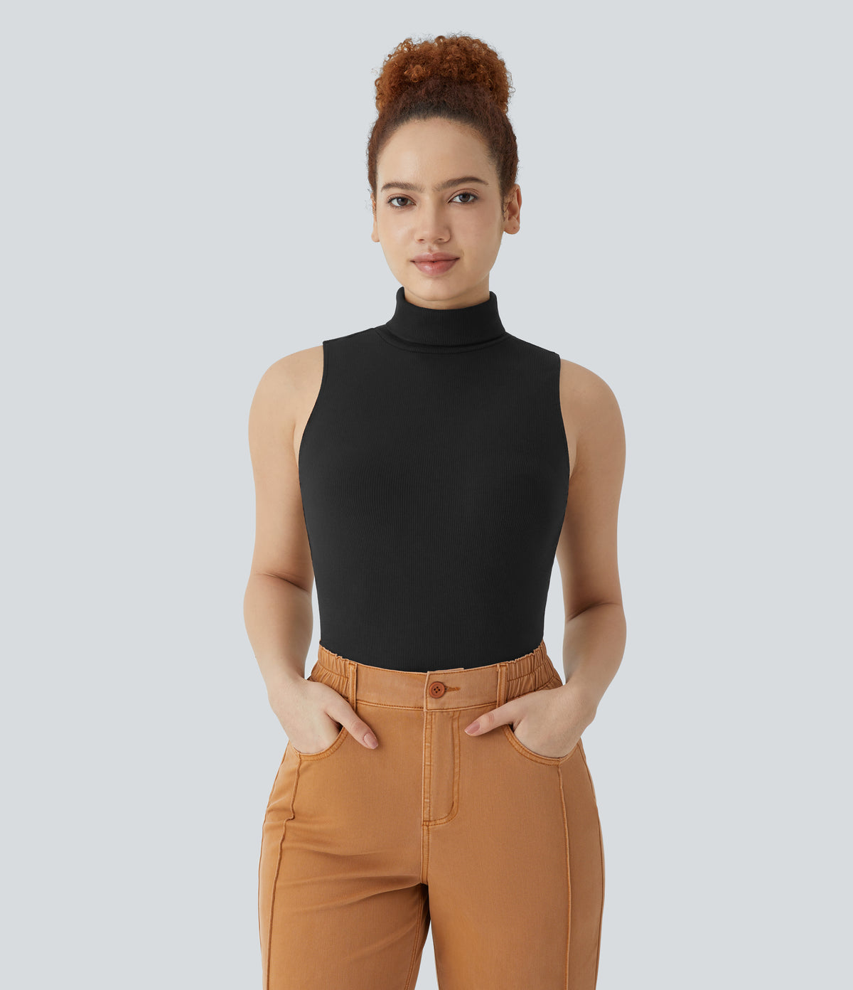 Ribbed Knit High Collar Sleeveless Casual T-Shirt — Black — view 5