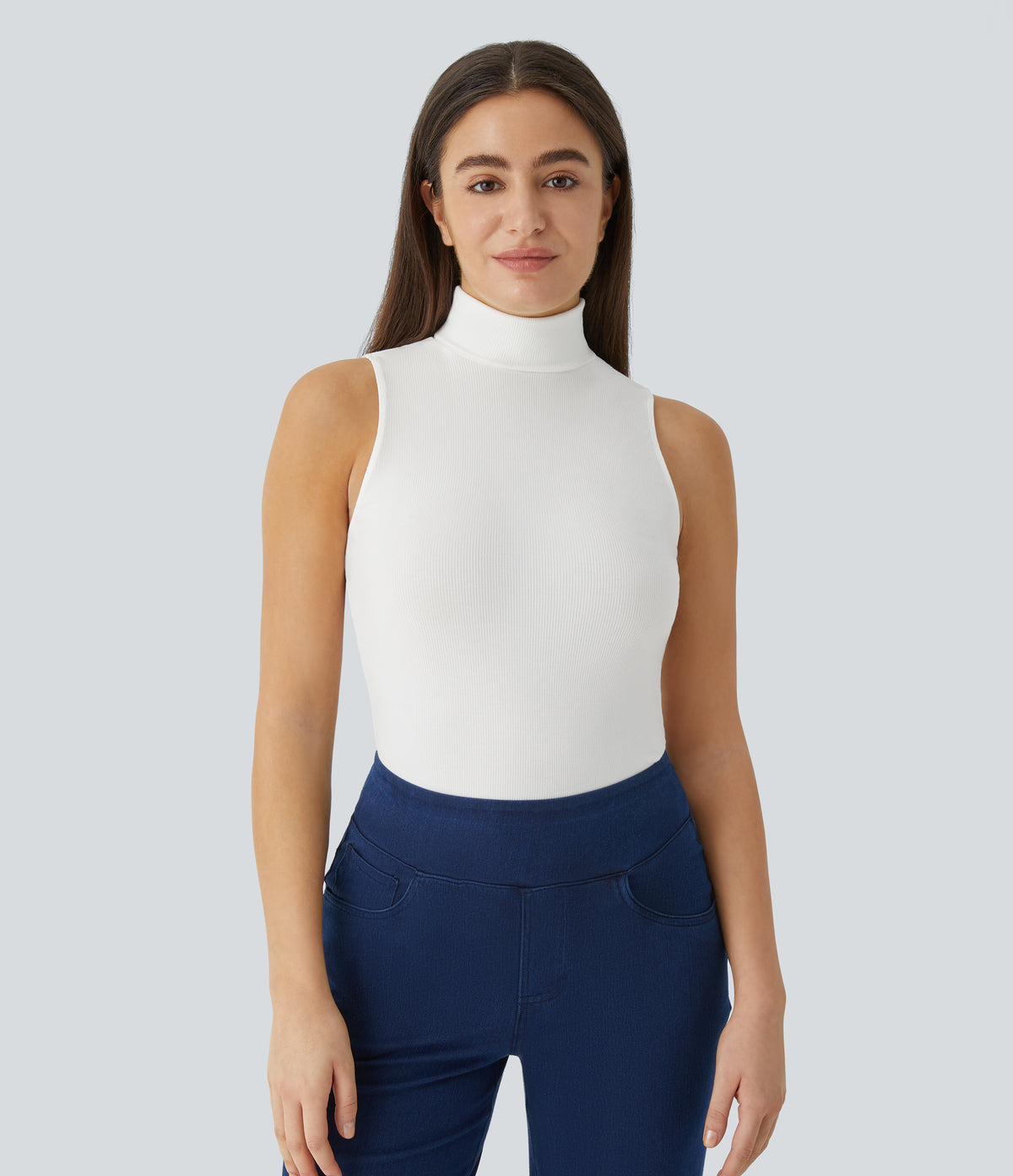 Ribbed Knit High Collar Sleeveless Casual T-Shirt — White — view 1