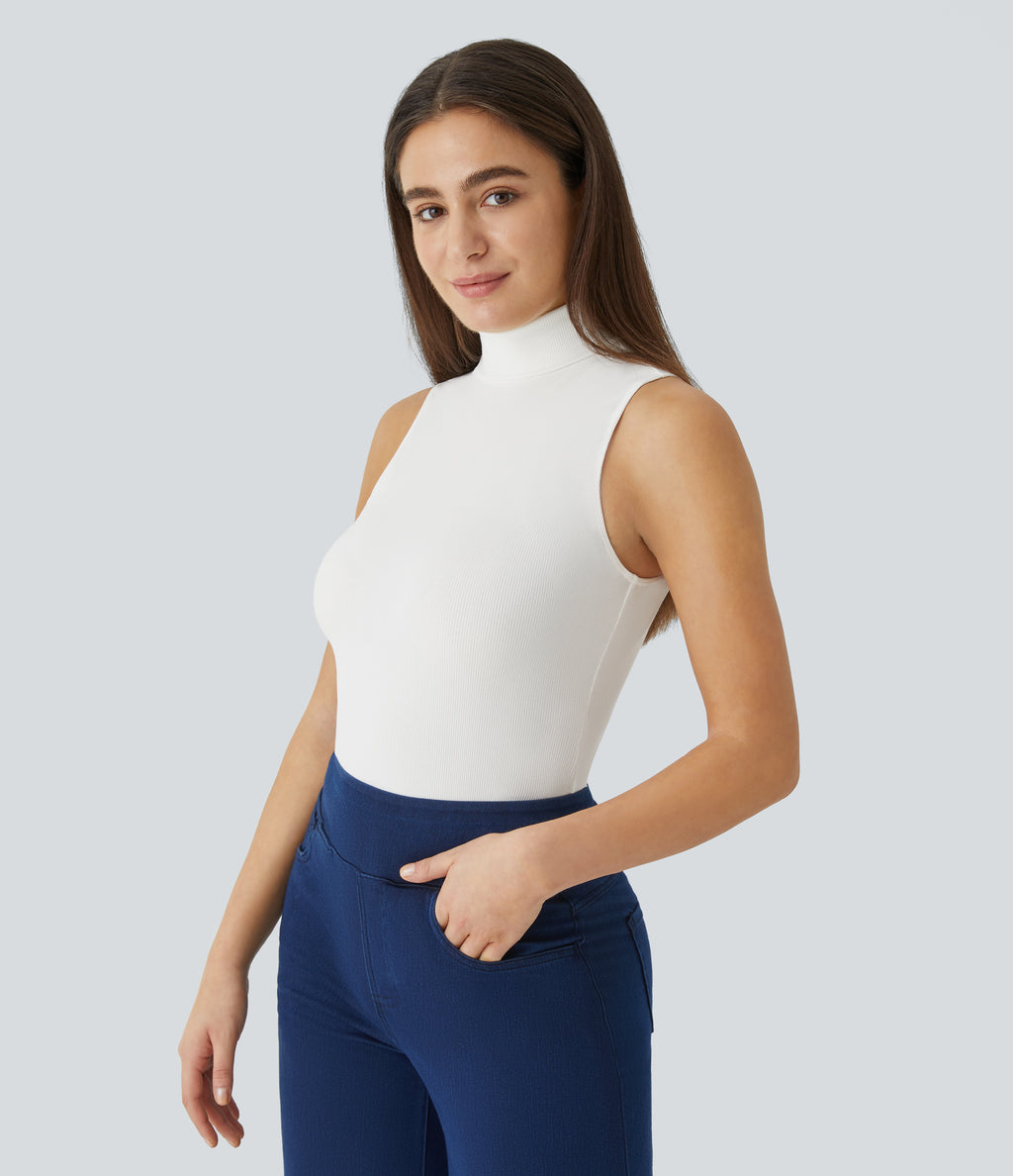 Ribbed Knit High Collar Sleeveless Casual T-Shirt — White — view 3