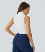 Ribbed Knit High Collar Sleeveless Casual T-Shirt — White — view 2