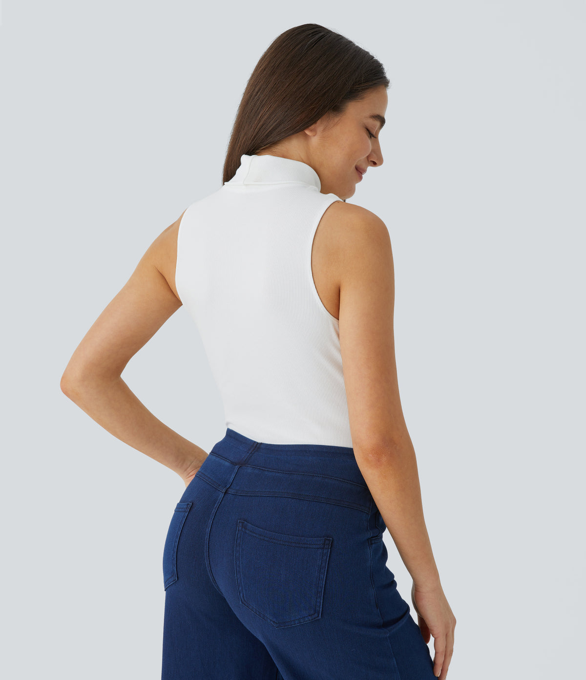 Ribbed Knit High Collar Sleeveless Casual T-Shirt — White — view 2