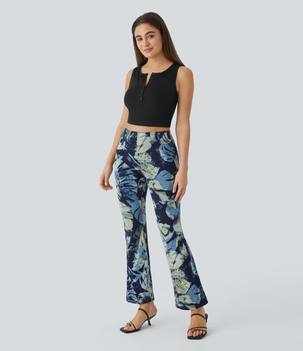 High Waisted Pull On Back Side Pocket Floral Print Stretchy Knit Denim Casual Slight Flare Leggings — Ink Dyed Denim — additional view