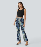 High Waisted Pull On Back Side Pocket Floral Print Stretchy Knit Denim Casual Slight Flare Leggings — Ink Dyed Denim — additional view