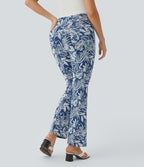 High Waisted Pull On Back Side Pocket Floral Print Stretchy Knit Denim Casual Slight Flare Leggings — Floral Blue Denim — view 2