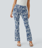 High Waisted Pull On Back Side Pocket Floral Print Stretchy Knit Denim Casual Slight Flare Leggings — Floral Blue Denim — view 3