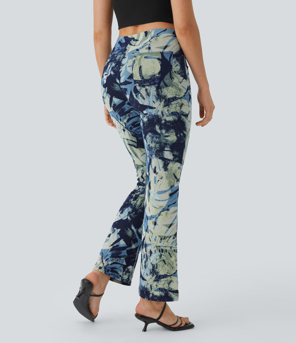 High Waisted Pull On Back Side Pocket Floral Print Stretchy Knit Denim Casual Slight Flare Leggings — Ink Dyed Denim — additional view