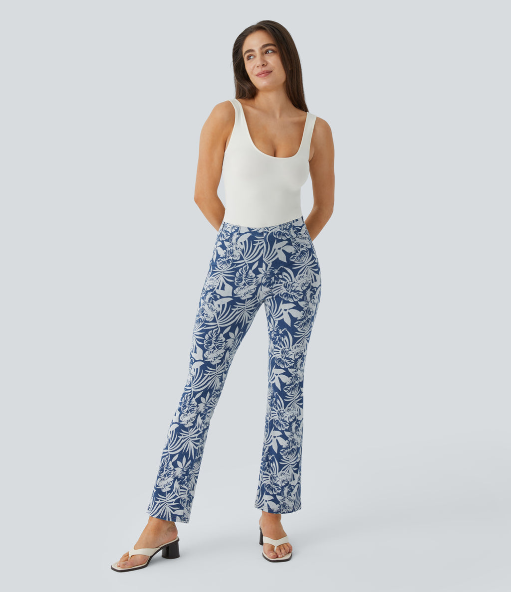 High Waisted Pull On Back Side Pocket Floral Print Stretchy Knit Denim Casual Slight Flare Leggings — Floral Blue Denim — view 4