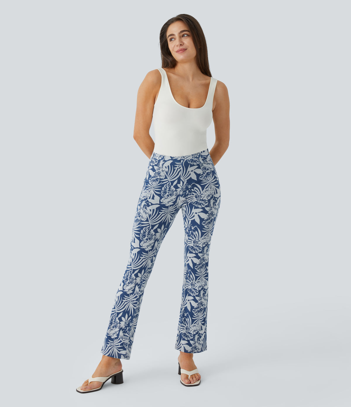 High Waisted Pull On Back Side Pocket Floral Print Stretchy Knit Denim Casual Slight Flare Leggings — Floral Blue Denim — view 4