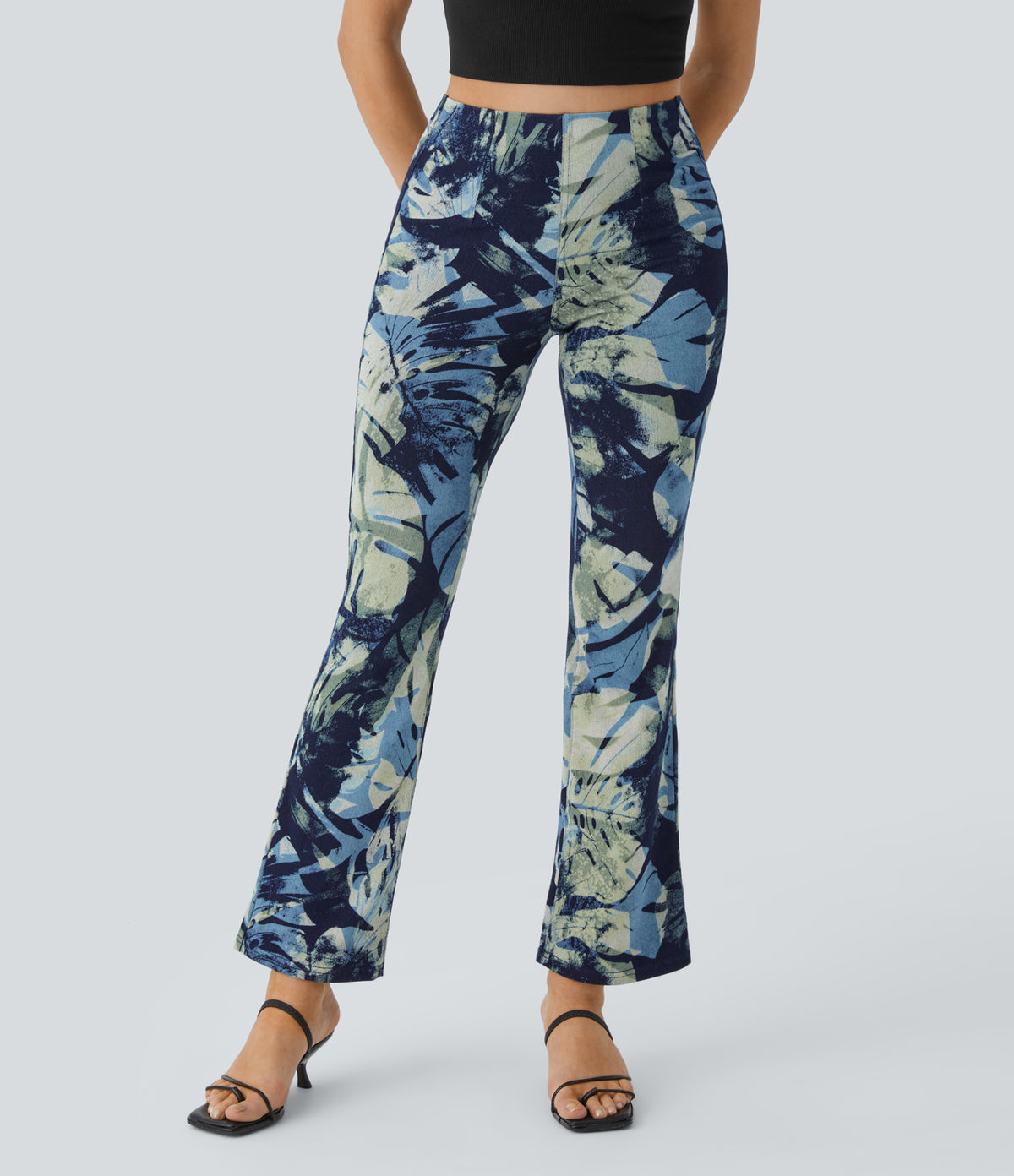 High Waisted Pull On Back Side Pocket Floral Print Stretchy Knit Denim Casual Slight Flare Leggings — Ink Dyed Denim — additional view