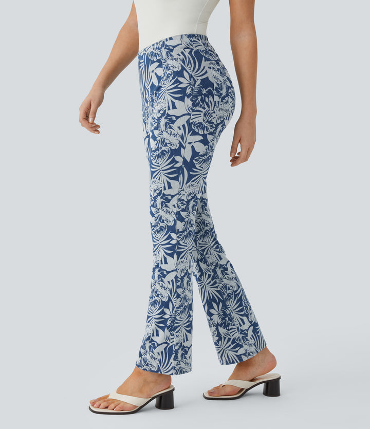 High Waisted Pull On Back Side Pocket Floral Print Stretchy Knit Denim Casual Slight Flare Leggings — Floral Blue Denim — view 1