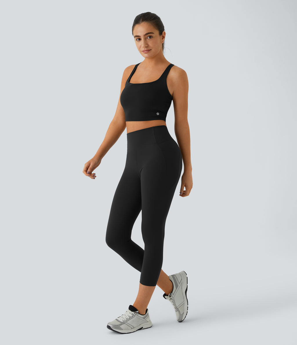 High Waisted Tummy Control Pocket Training Capri Leggings — Black — view 5