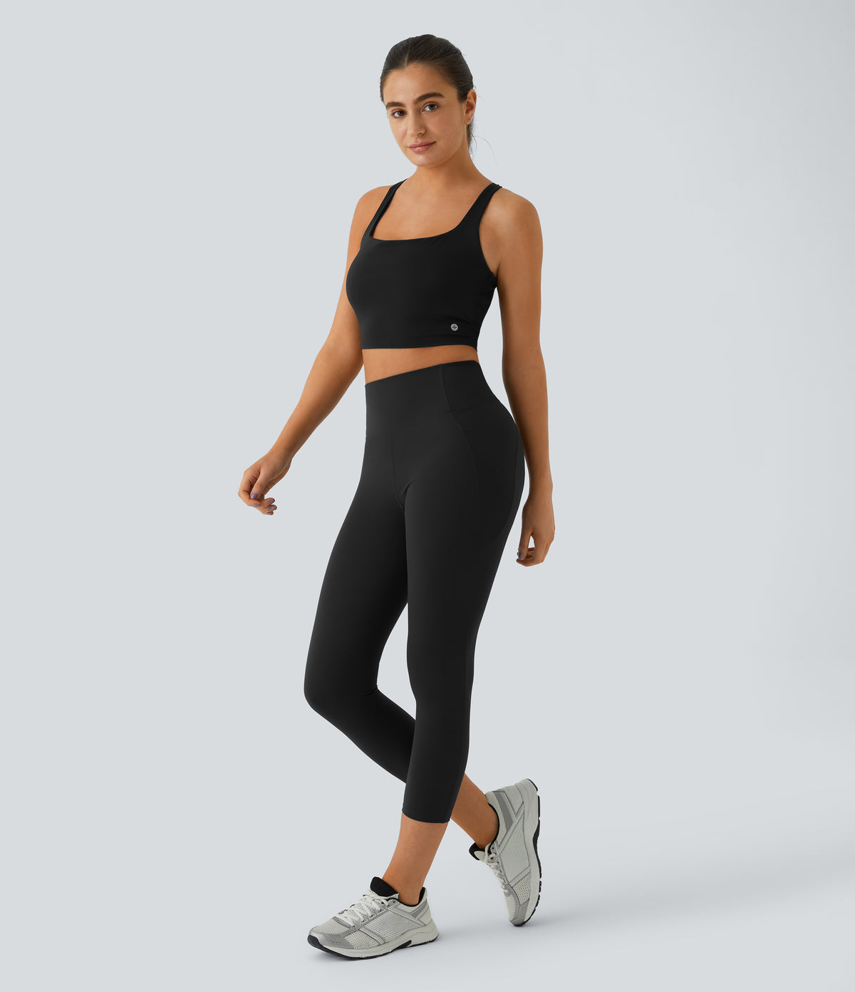High Waisted Tummy Control Pocket Training Capri Leggings — Black — view 5