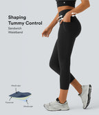 High Waisted Tummy Control Pocket Training Capri Leggings — Black — view 1