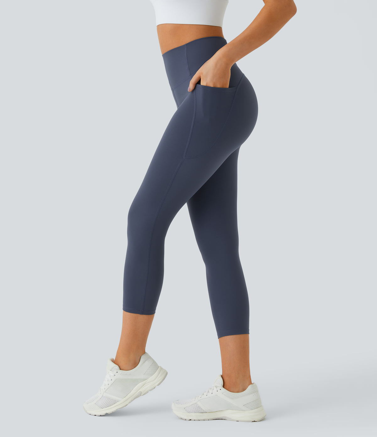 High Waisted Tummy Control Pocket Training Capri Leggings — Mood Indigo — view 6