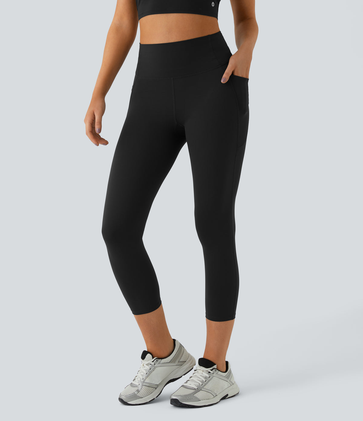 High Waisted Tummy Control Pocket Training Capri Leggings — Black — view 3