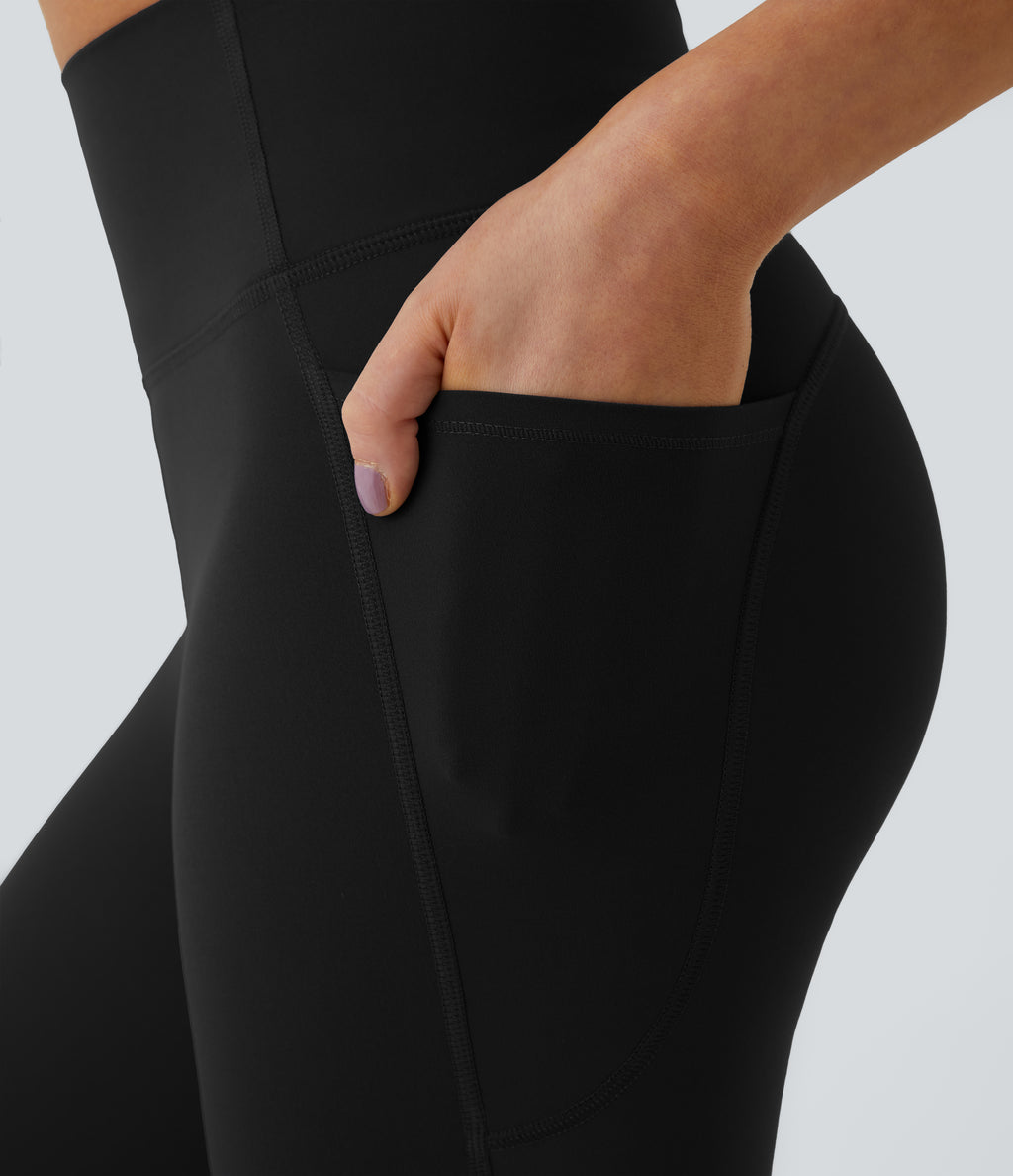 High Waisted Tummy Control Pocket Training Capri Leggings — Black — view 4