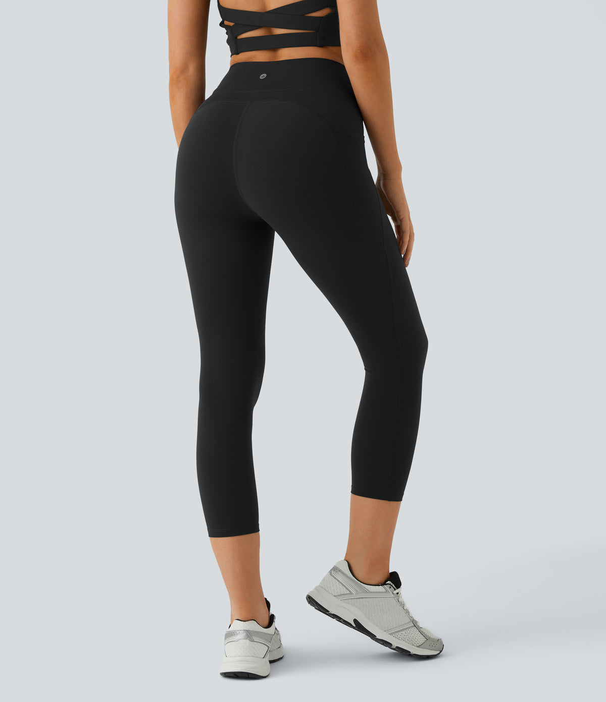 High Waisted Tummy Control Pocket Training Capri Leggings — Black — view 2