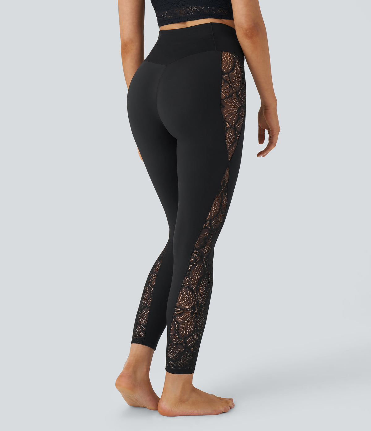 High Waisted Crossover Contrast Lace Pocket Yoga Leggings — Black — view 2