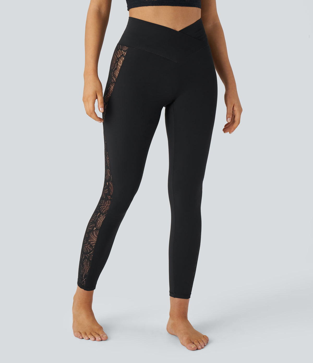 High Waisted Crossover Contrast Lace Pocket Yoga Leggings — Black — view 3