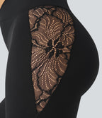 High Waisted Crossover Contrast Lace Pocket Yoga Leggings — Black — view 6