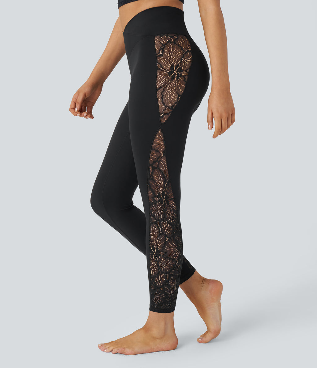 High Waisted Crossover Contrast Lace Pocket Yoga Leggings — Black — view 1