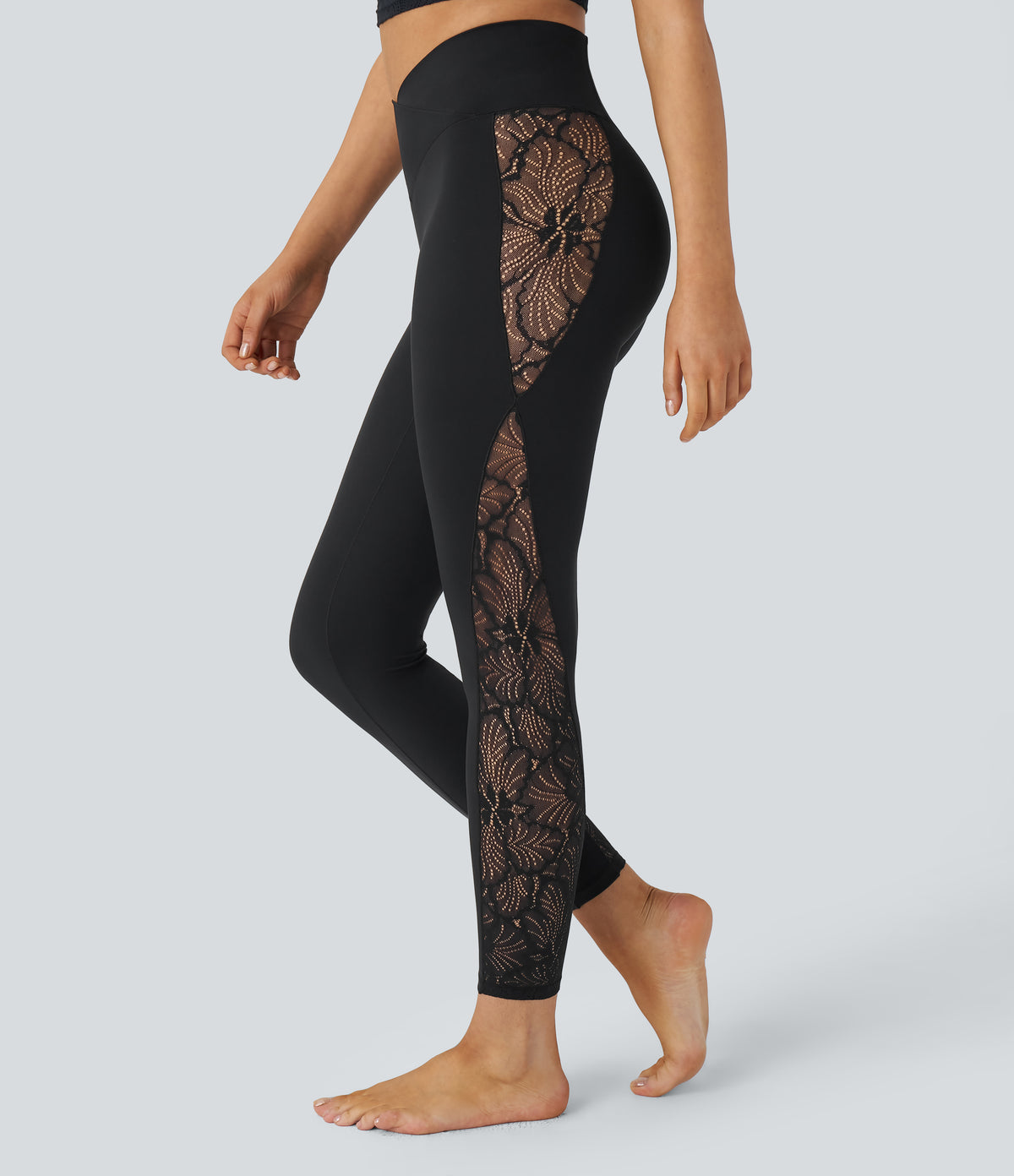 High Waisted Crossover Contrast Lace Pocket Yoga Leggings — Black — view 1