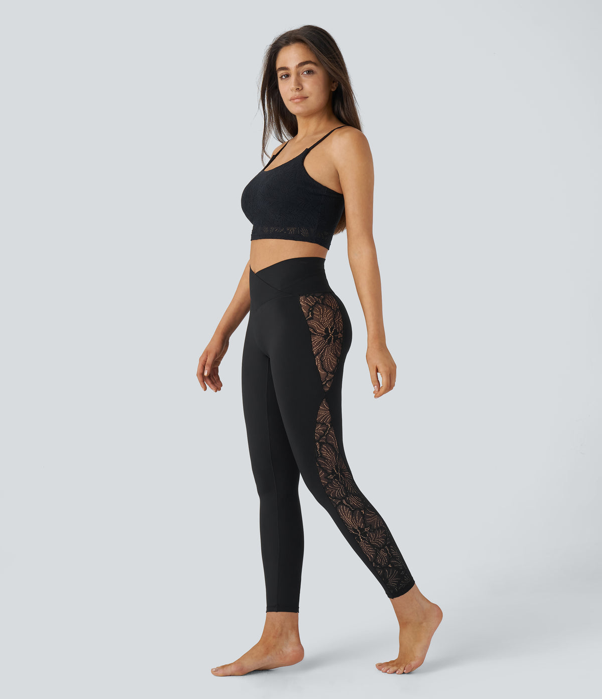 High Waisted Crossover Contrast Lace Pocket Yoga Leggings — Black — view 7