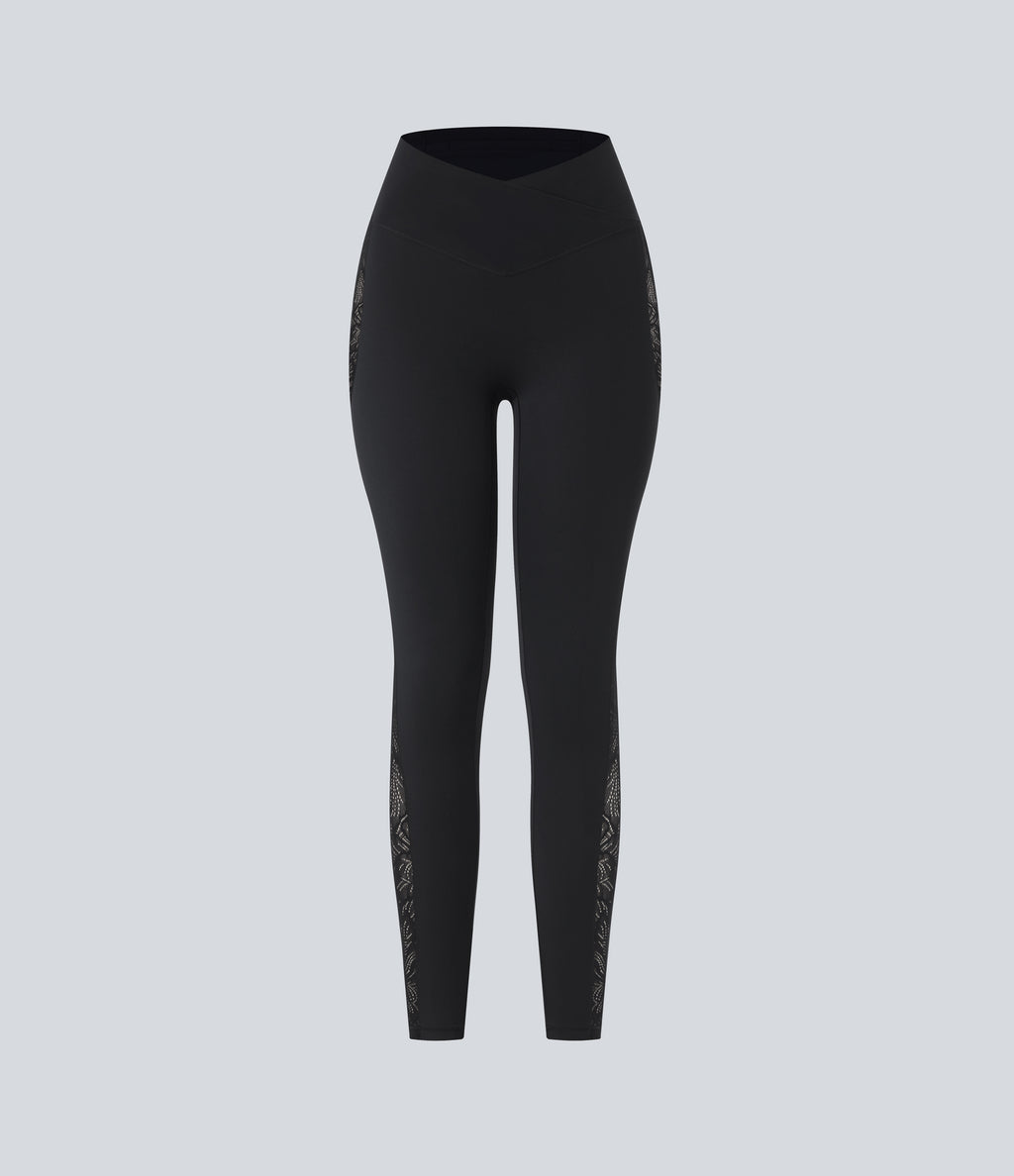 High Waisted Crossover Contrast Lace Pocket Yoga Leggings — Black — view 8