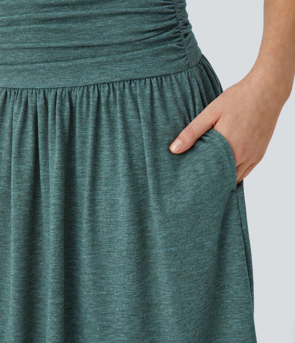 High Waisted Ruched Pocket Flowy Skirt — Jade Green Floral Yarn — view 4