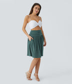 High Waisted Ruched Pocket Flowy Skirt — Jade Green Floral Yarn — view 5